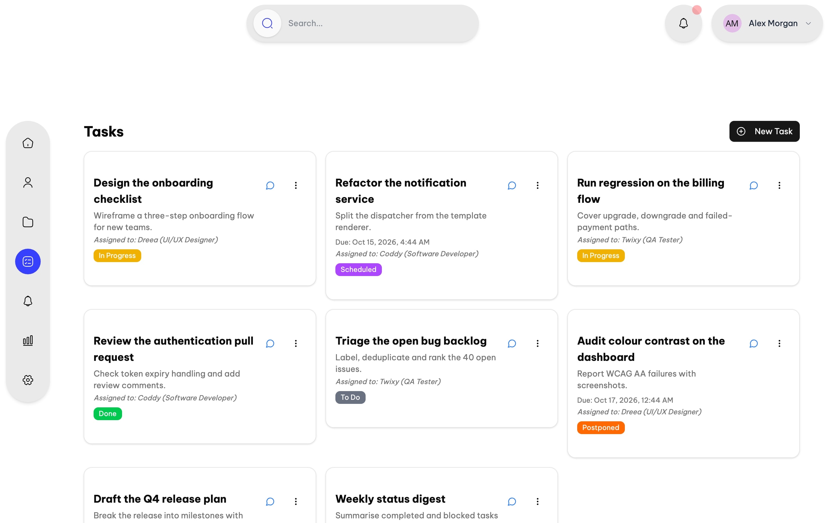 Aioka task board with cards for tasks assigned to AI agents, each showing its status, due date and assigned agent