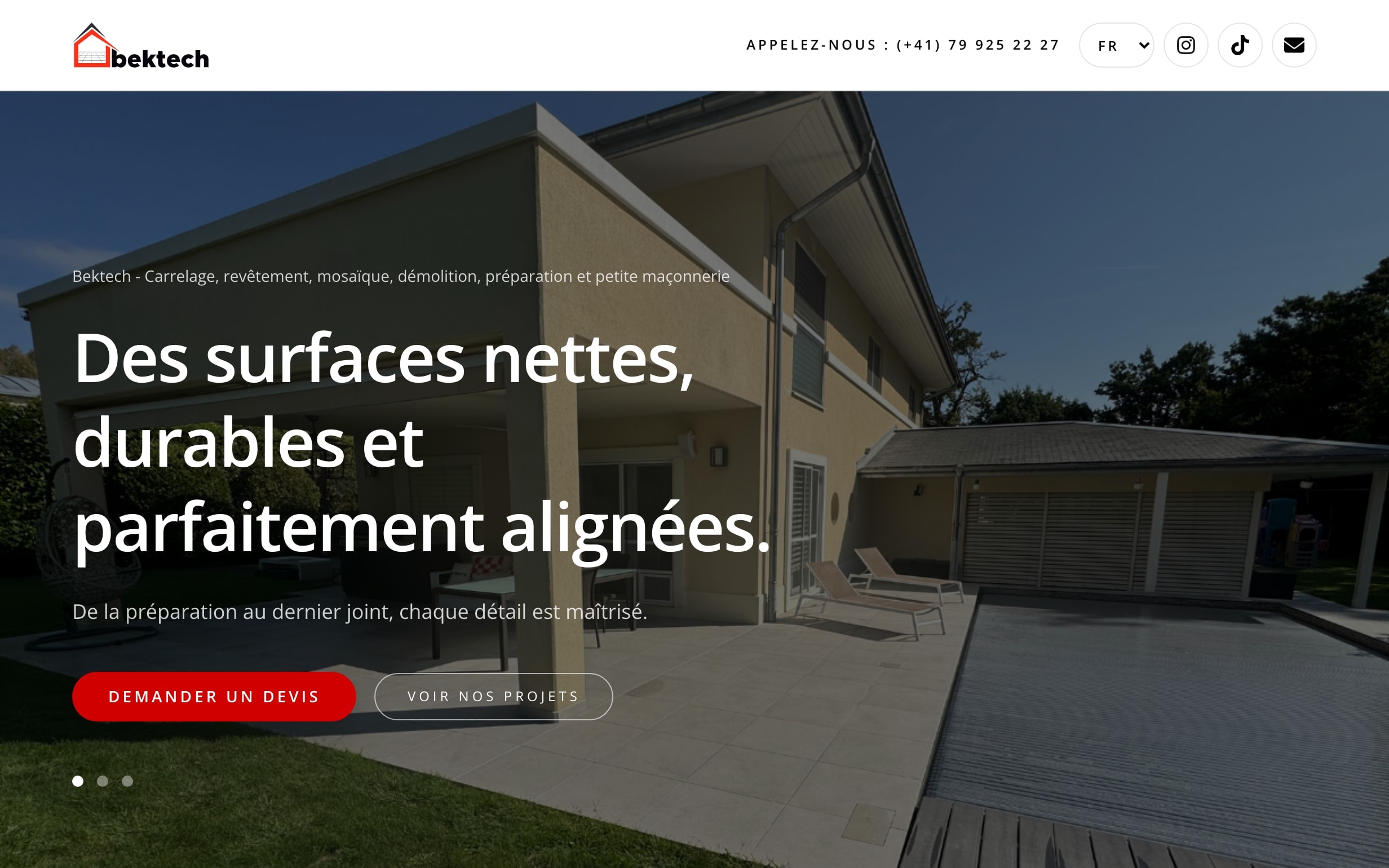 Bektech website hero with a house exterior and the headline about clean, durable, perfectly aligned surfaces