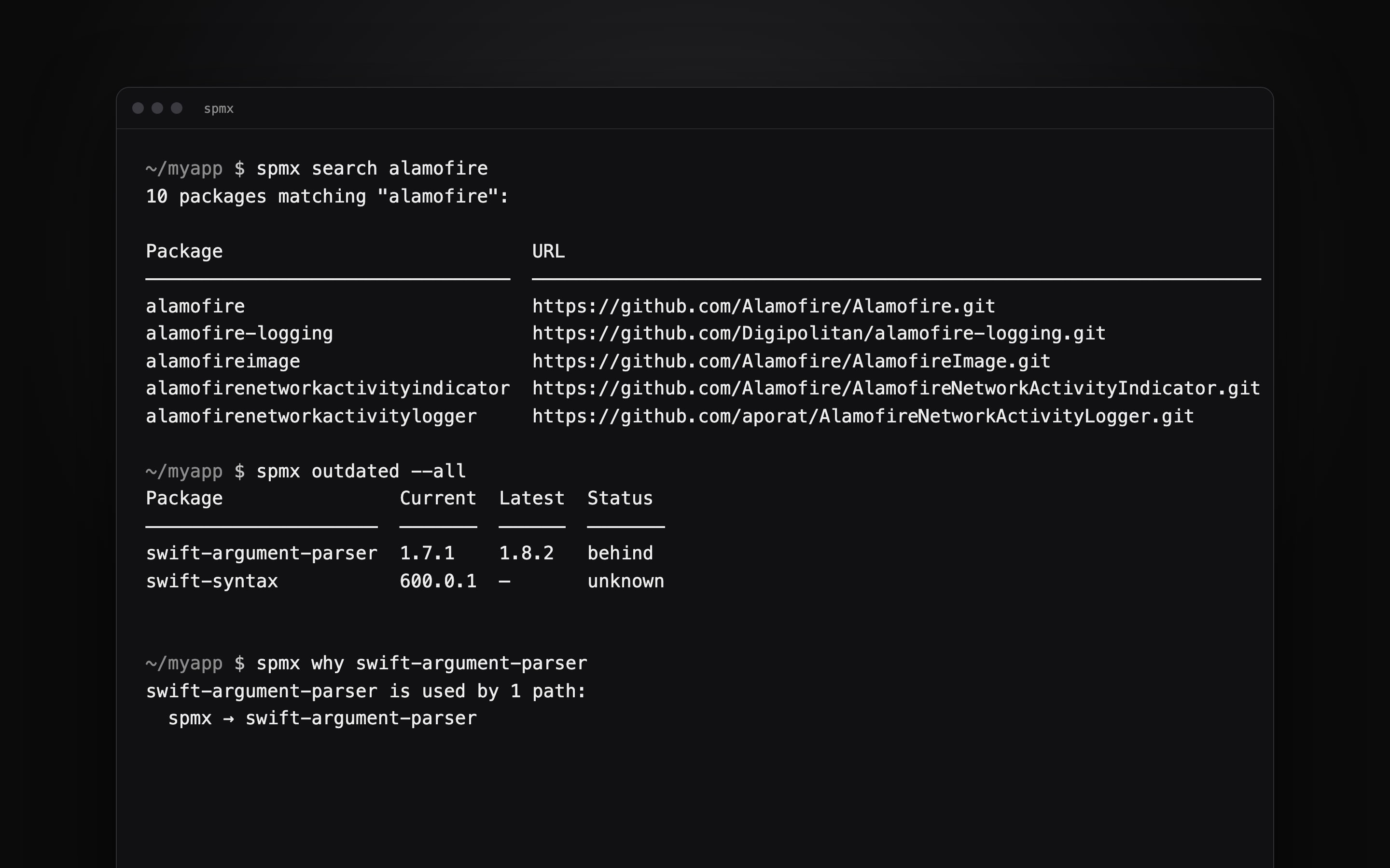 Terminal running spmx to search a Swift package, list outdated dependencies and show why a package is in the graph