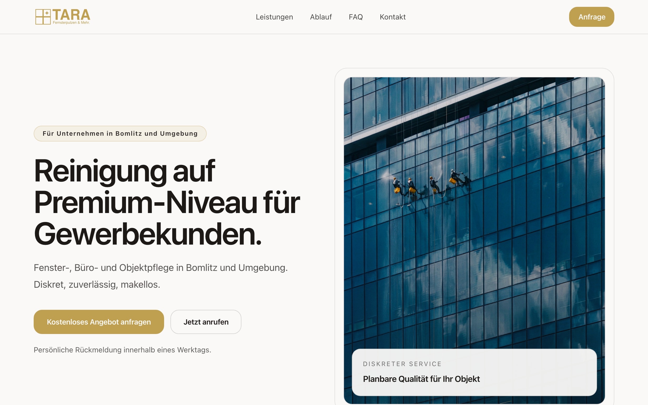 Tara Fensterputzen website hero with the headline about premium cleaning for business customers